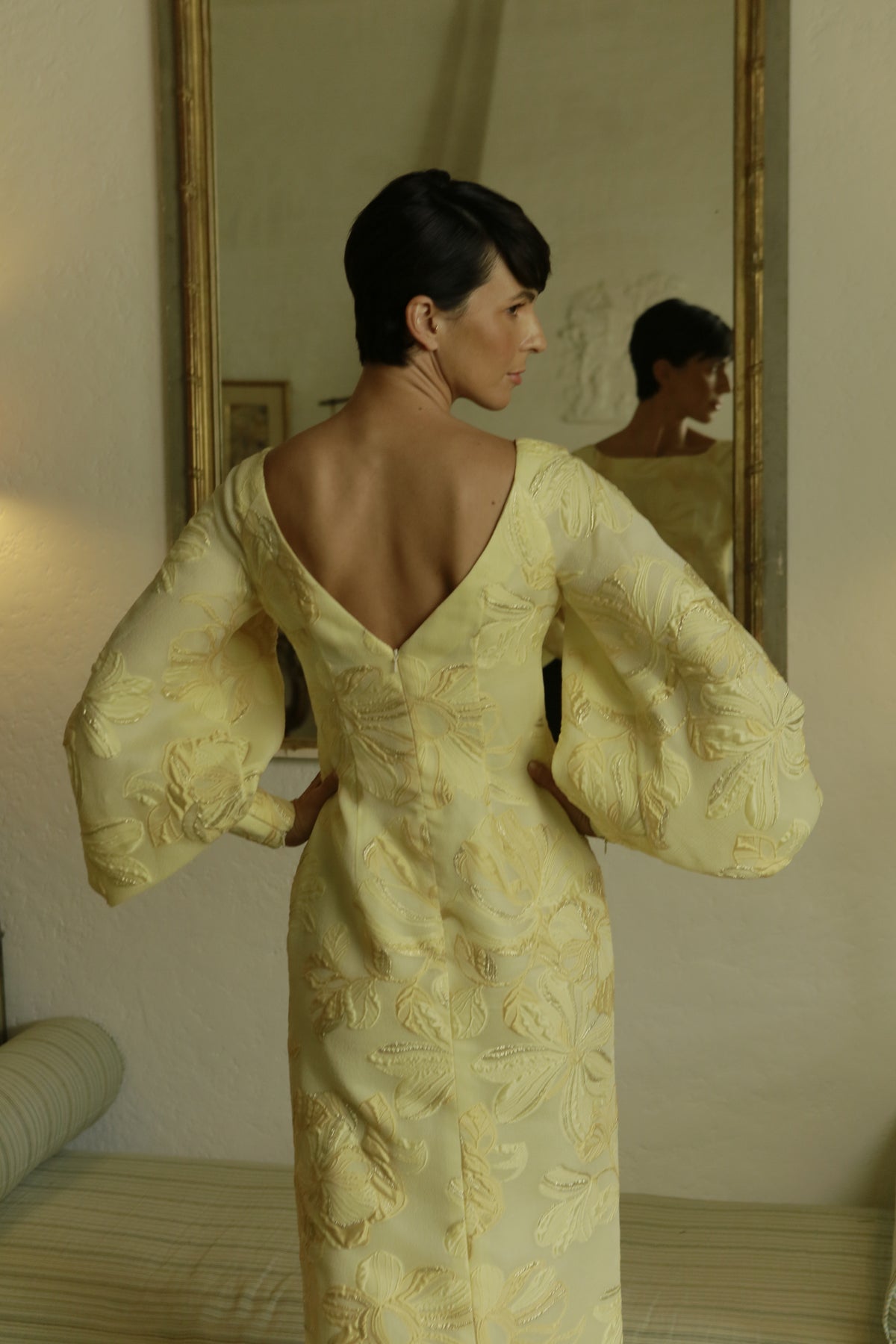 Full Sleeve Slim Gown with Train in Yellow and Gold