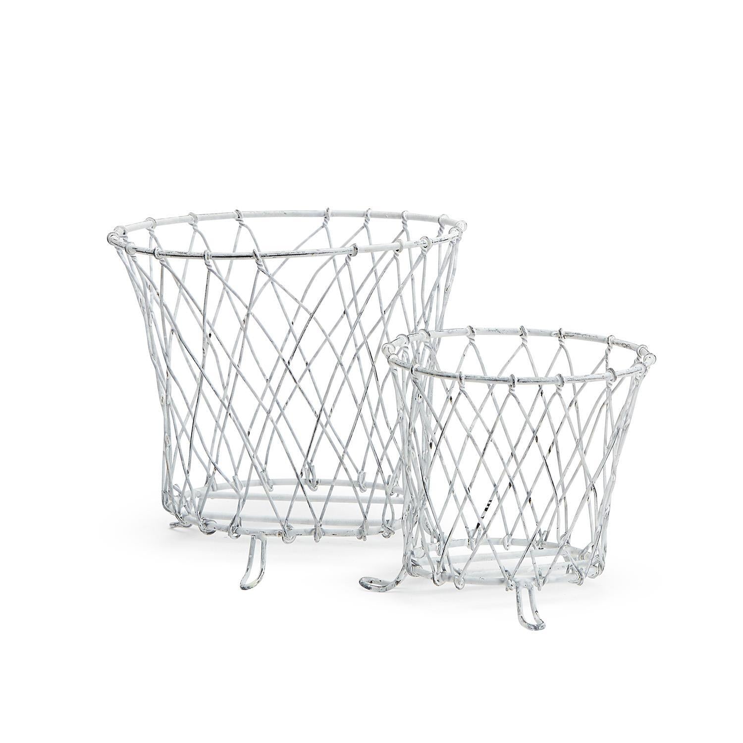 French Wireworks Pot Basket with Antique White Finish, Set of 2