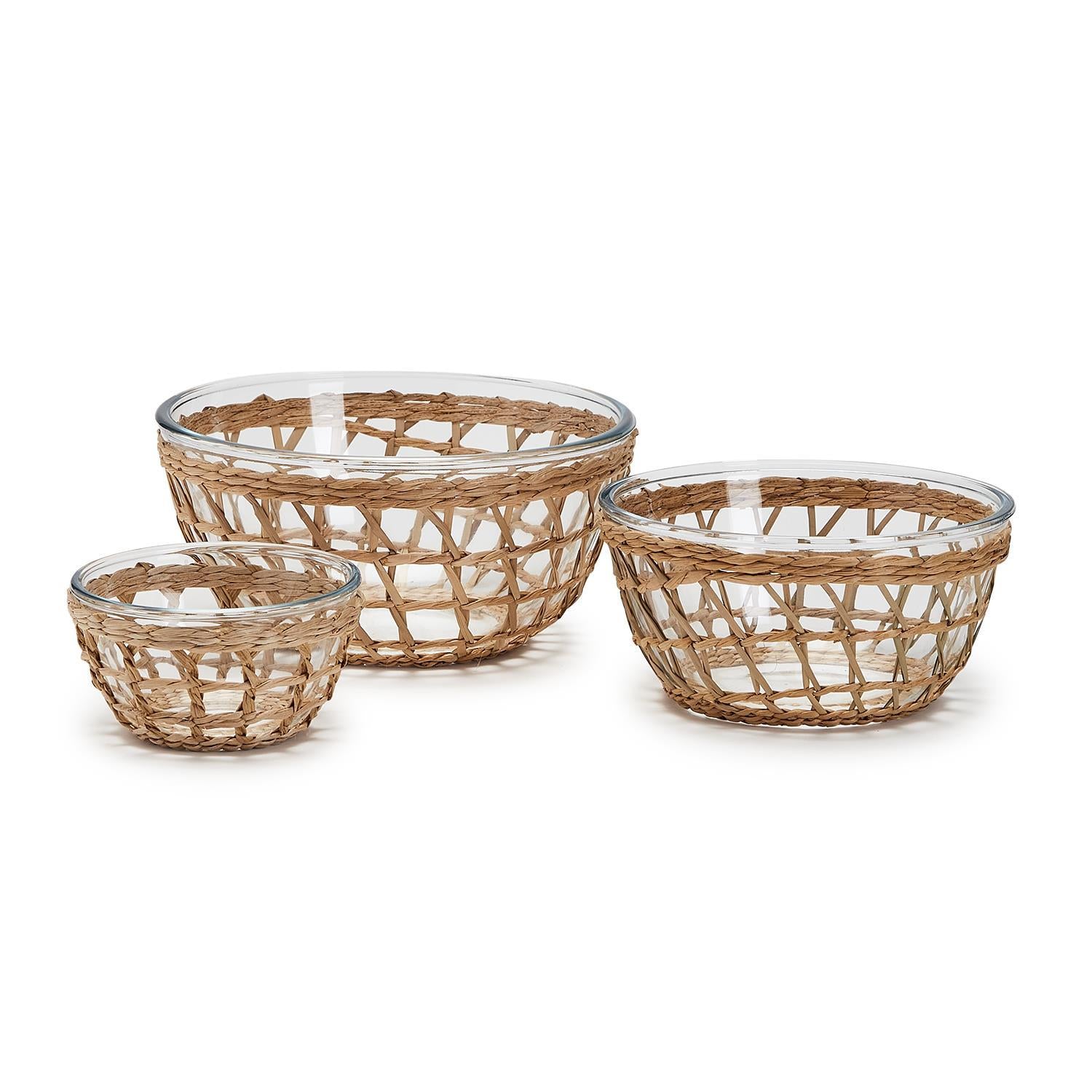 Island Chic Glass Bowls with Hand-Woven Lattice, Set of 3