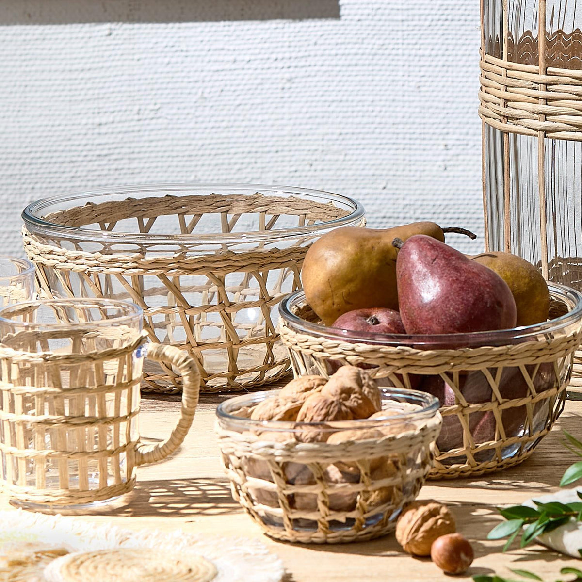 Island Chic Glass Bowls with Hand-Woven Lattice, Set of 3