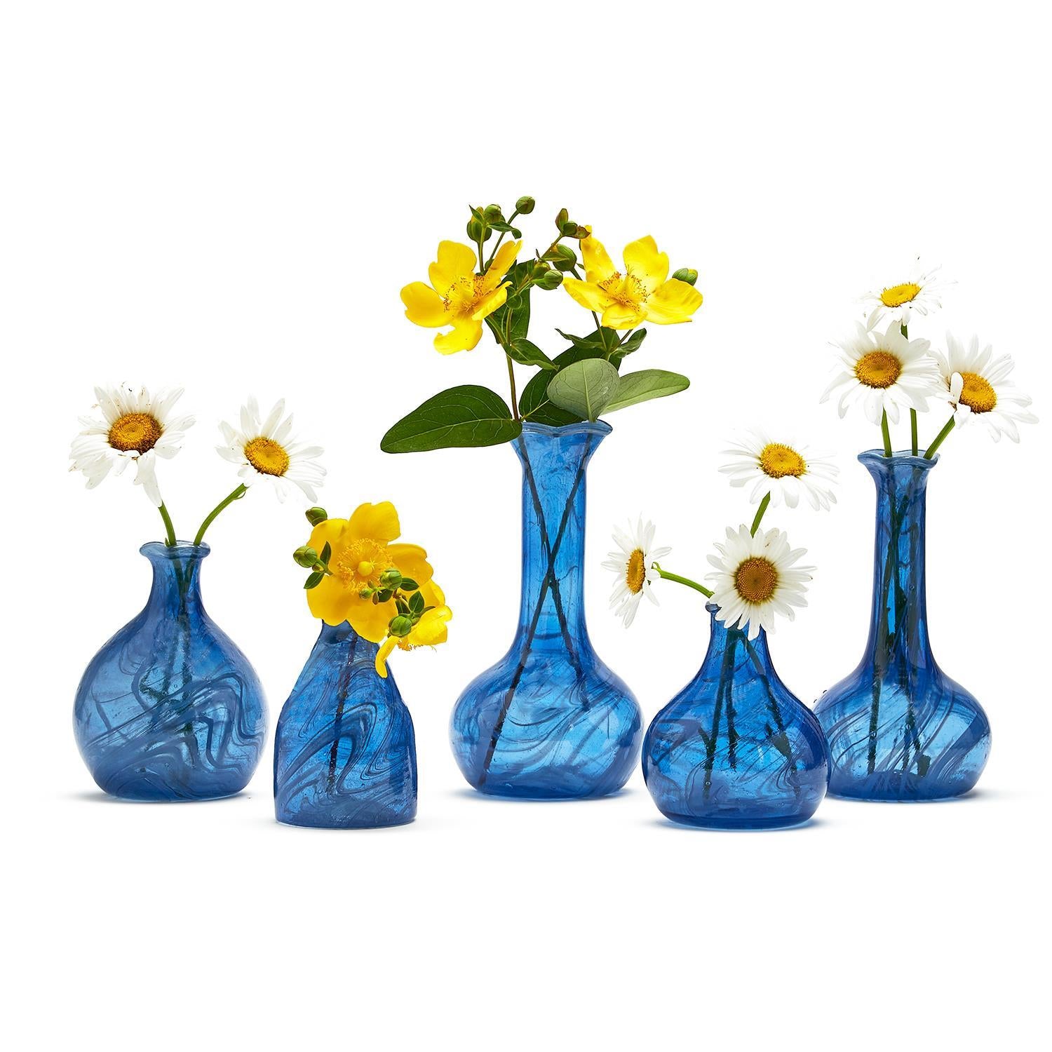 Azul Set of 5 Vintage Hand-Crafted Decorative Glass Bottles / Vases