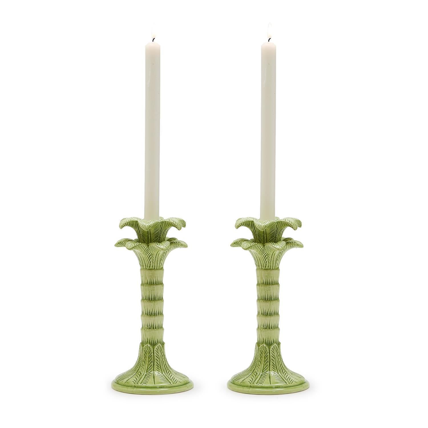 Green Palm Leaf Taper Candlestick Holder, Set of 2