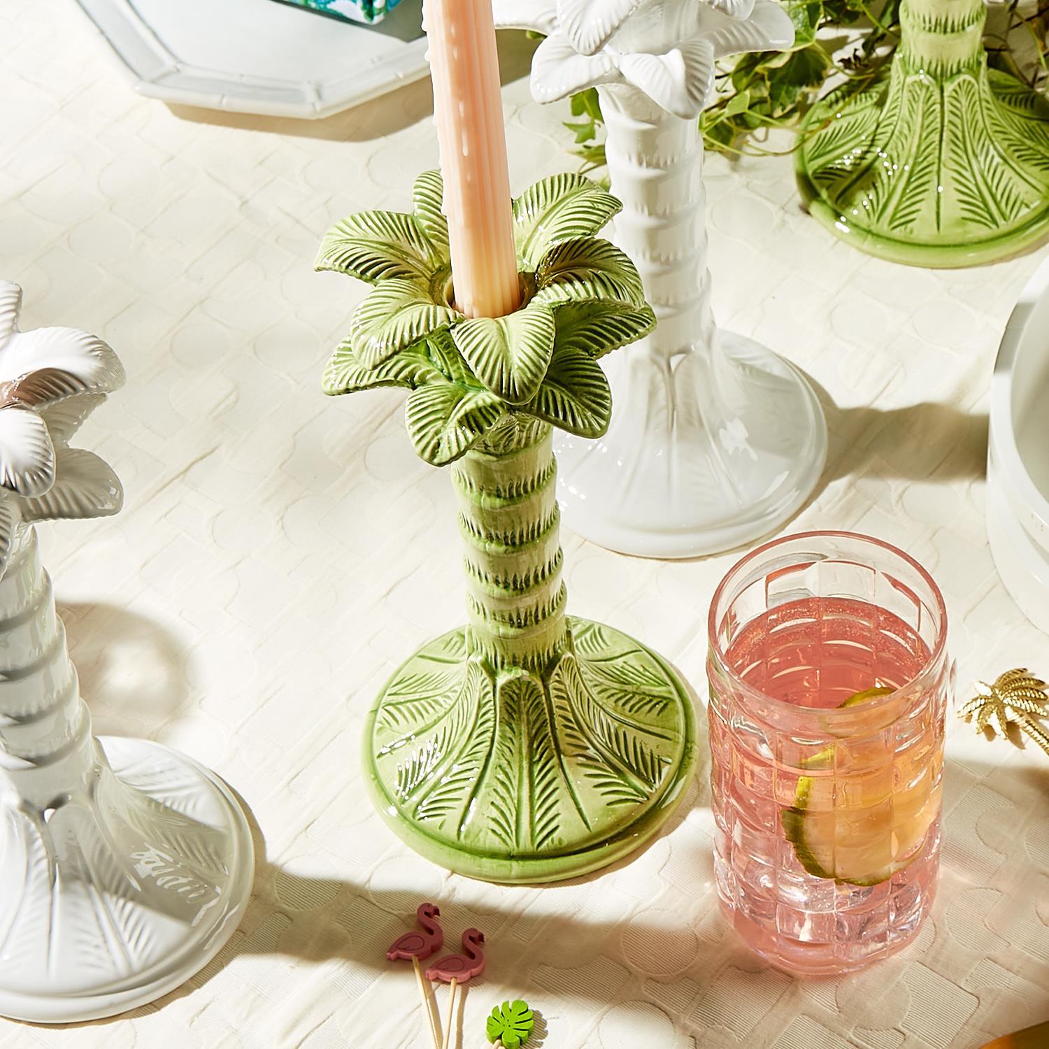 Green Palm Leaf Taper Candlestick Holder, Set of 2
