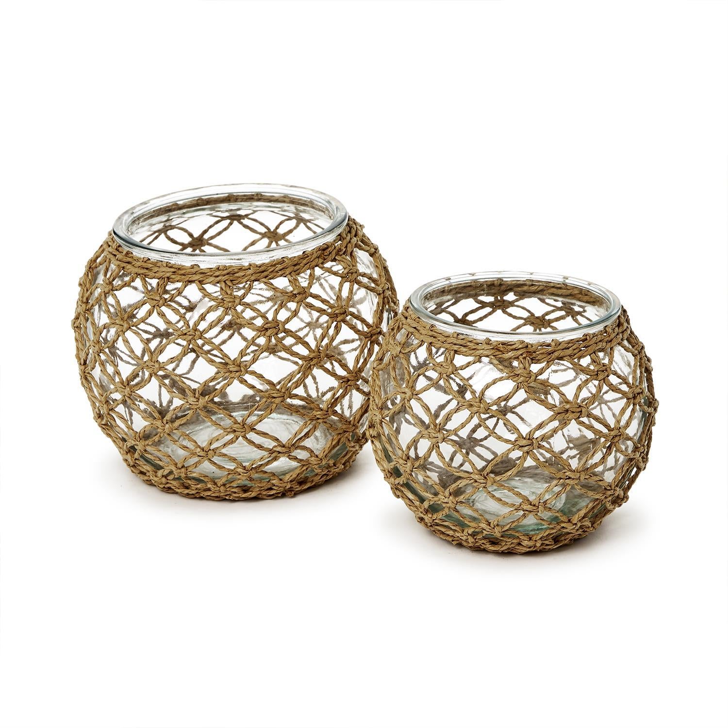 Glass Candle Holder with Hand-Woven Paper Wrap Lattice, Set of 2