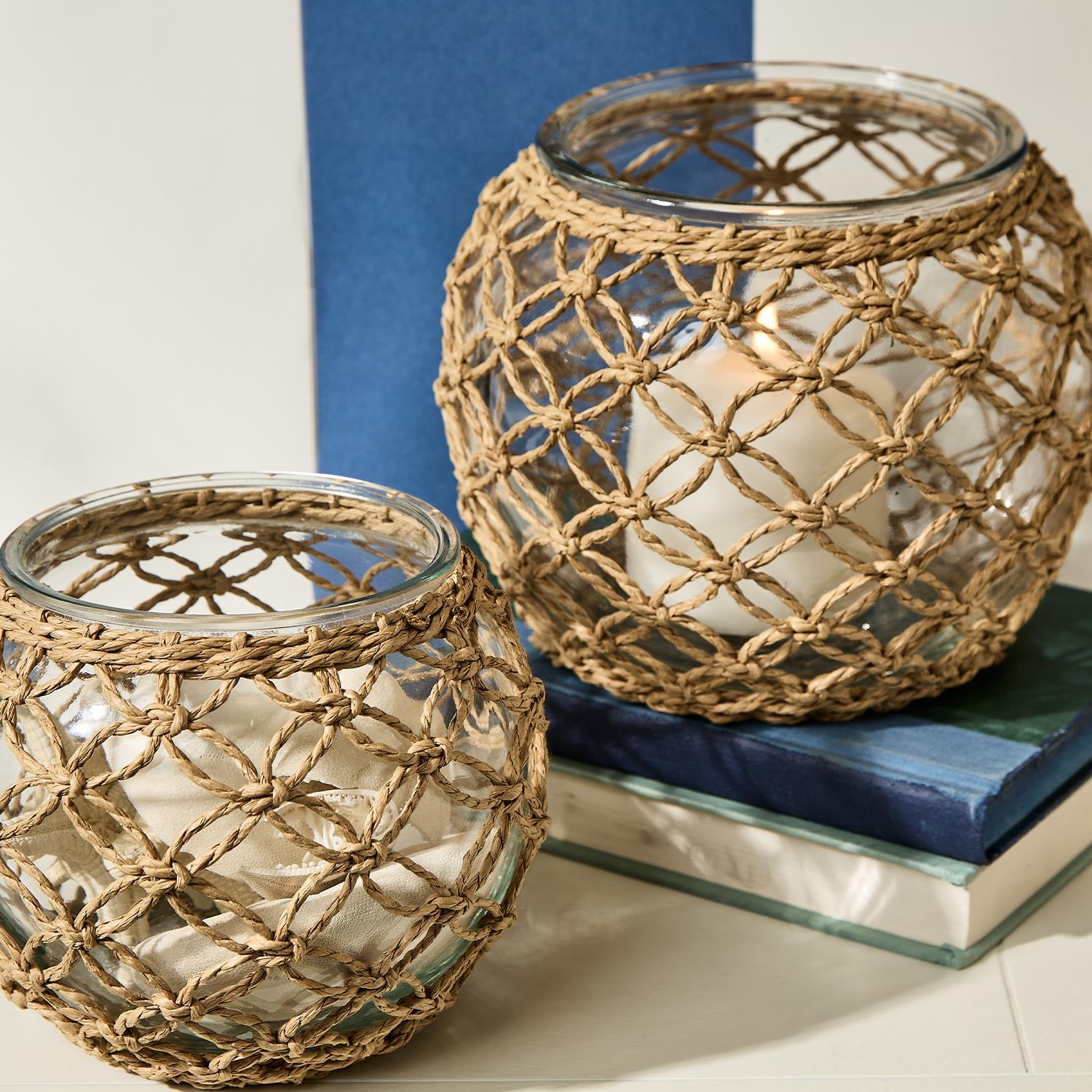 Glass Candle Holder with Hand-Woven Paper Wrap Lattice, Set of 2