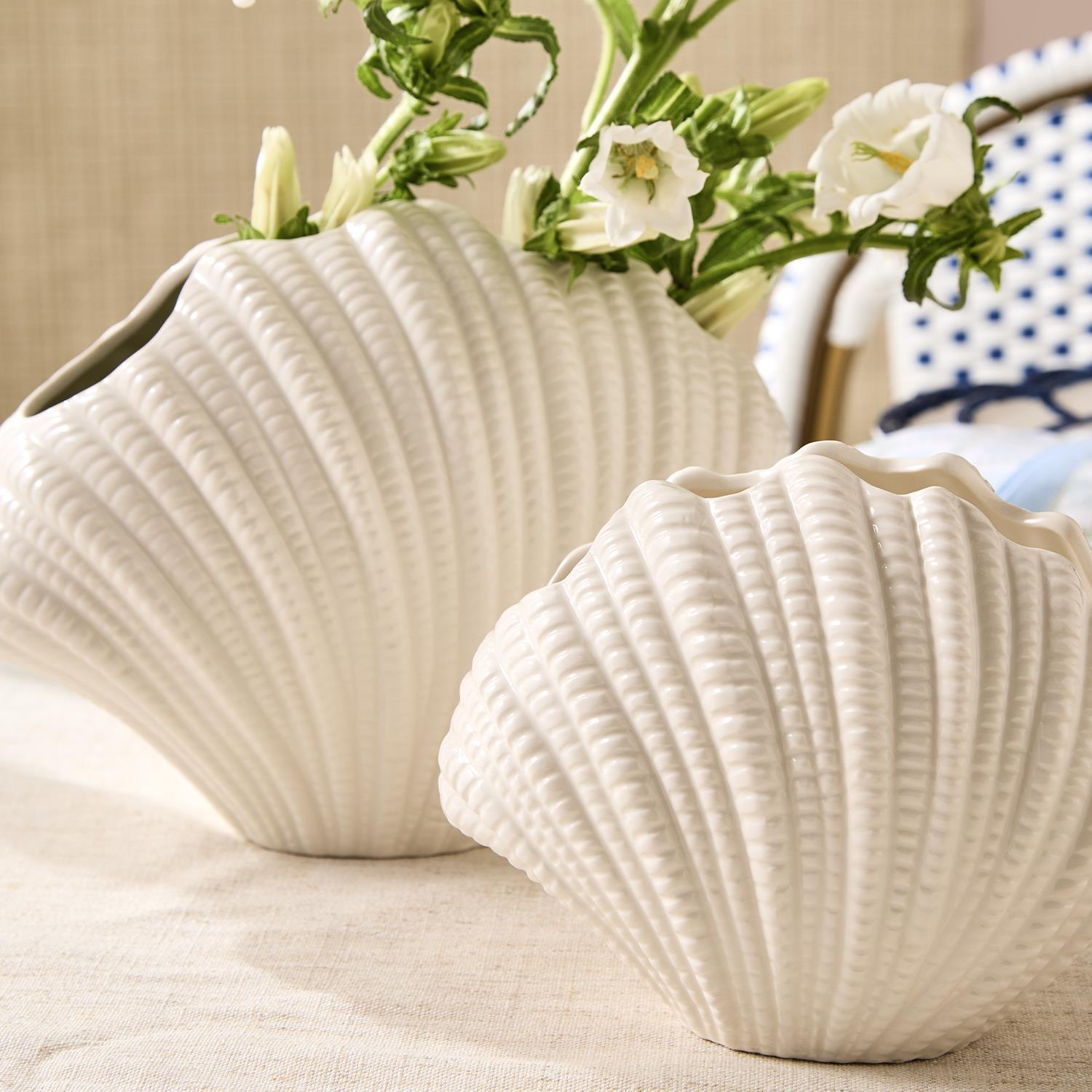 High Gloss White Shell Vases, Set of 2