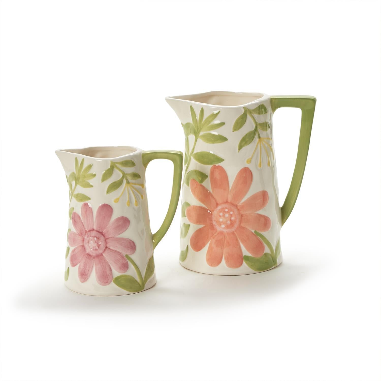 Pitchers & Vases with Hand-Painted Floral Relief Design, Set of 2