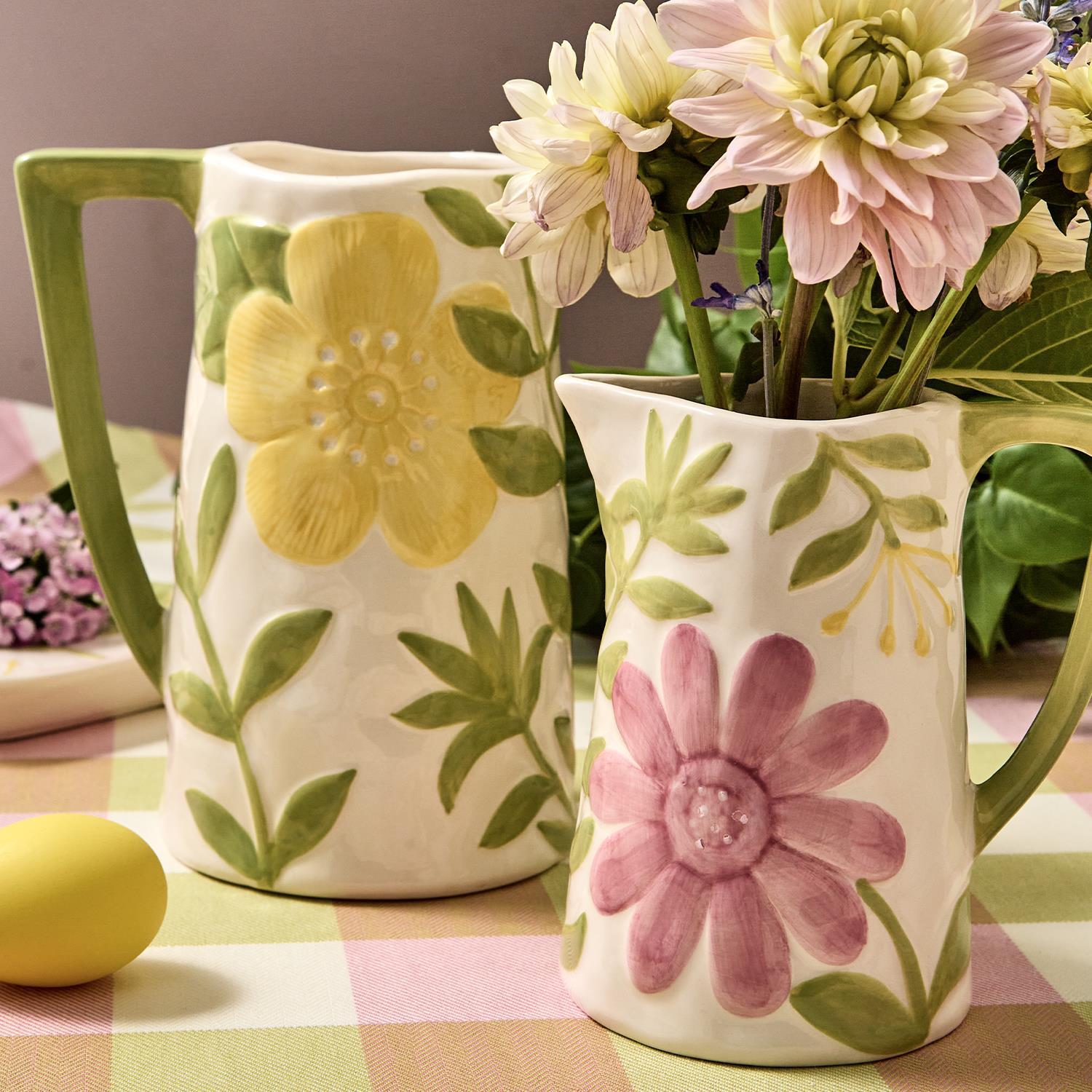 Pitchers & Vases with Hand-Painted Floral Relief Design, Set of 2
