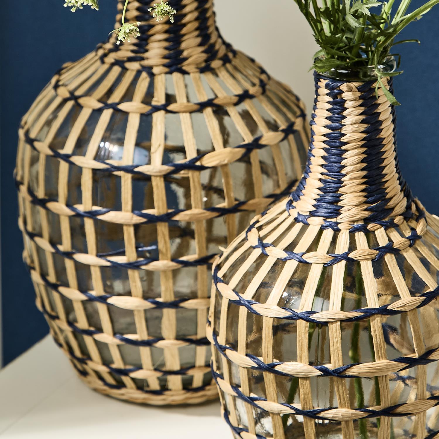 Fluted Vase with Hand-Wrapped Straw, Set of 2