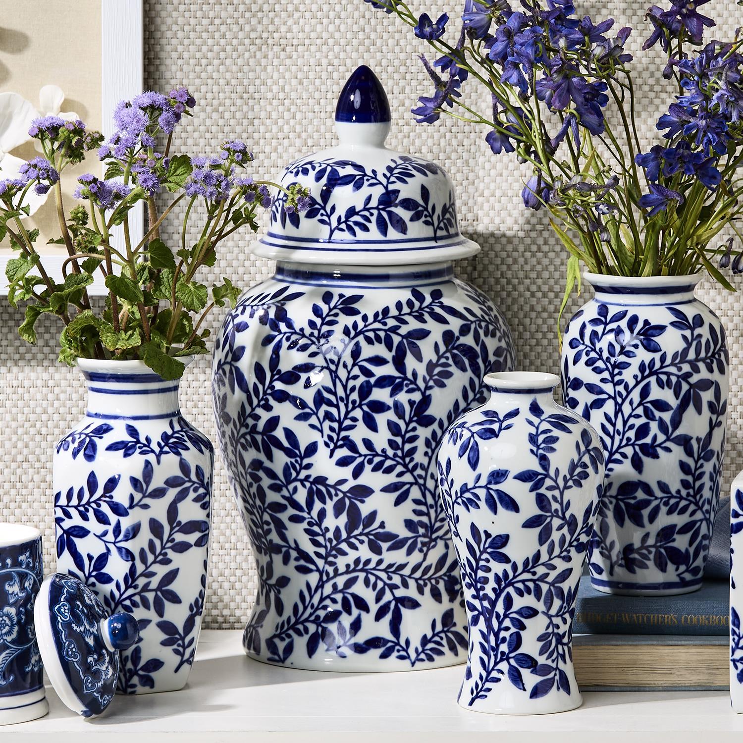 Blue and White Chinoiserie Temple Jars with Lids, Set of 2