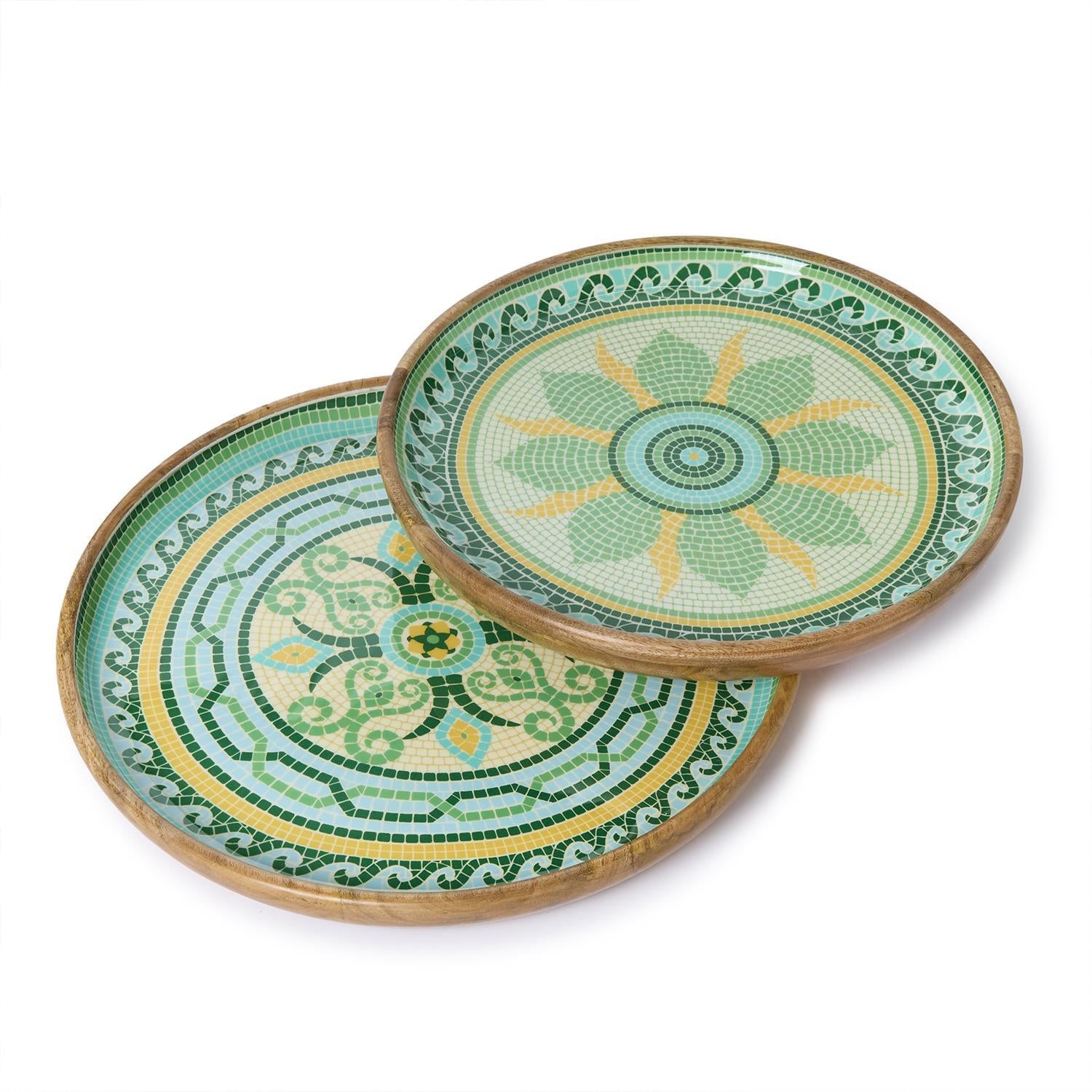 Garden View Hand-Crafted Wooden Round Trays with Enamel, Set of 2