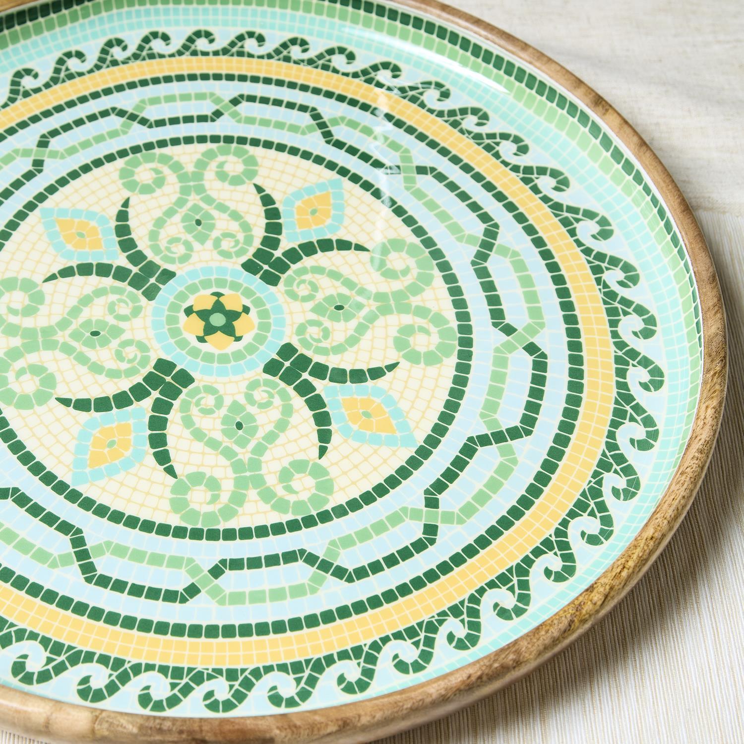 Garden View Hand-Crafted Wooden Round Trays with Enamel, Set of 2
