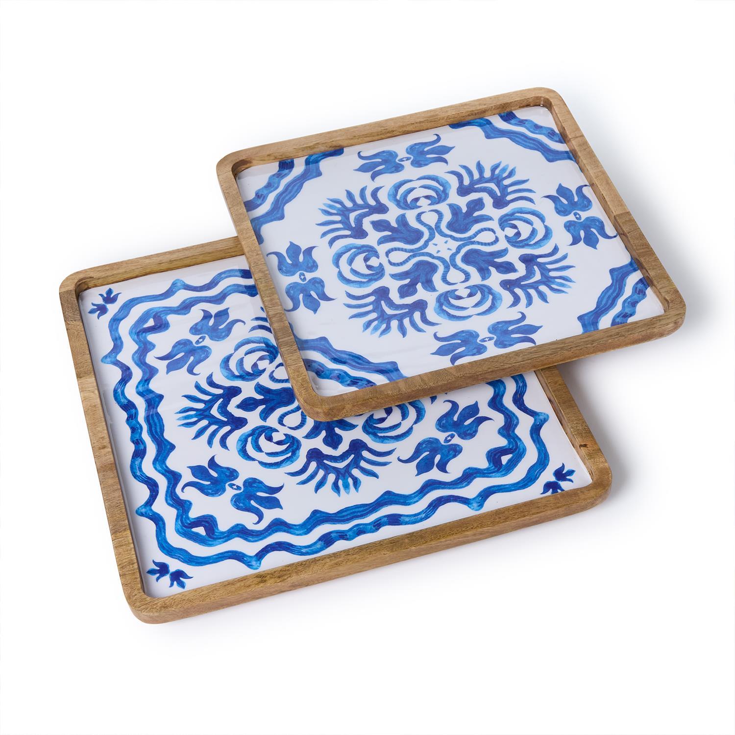 Blue Block Print Trays, Set of 2