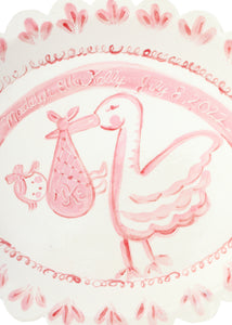 Scalloped Stork Birth Plate in Pink