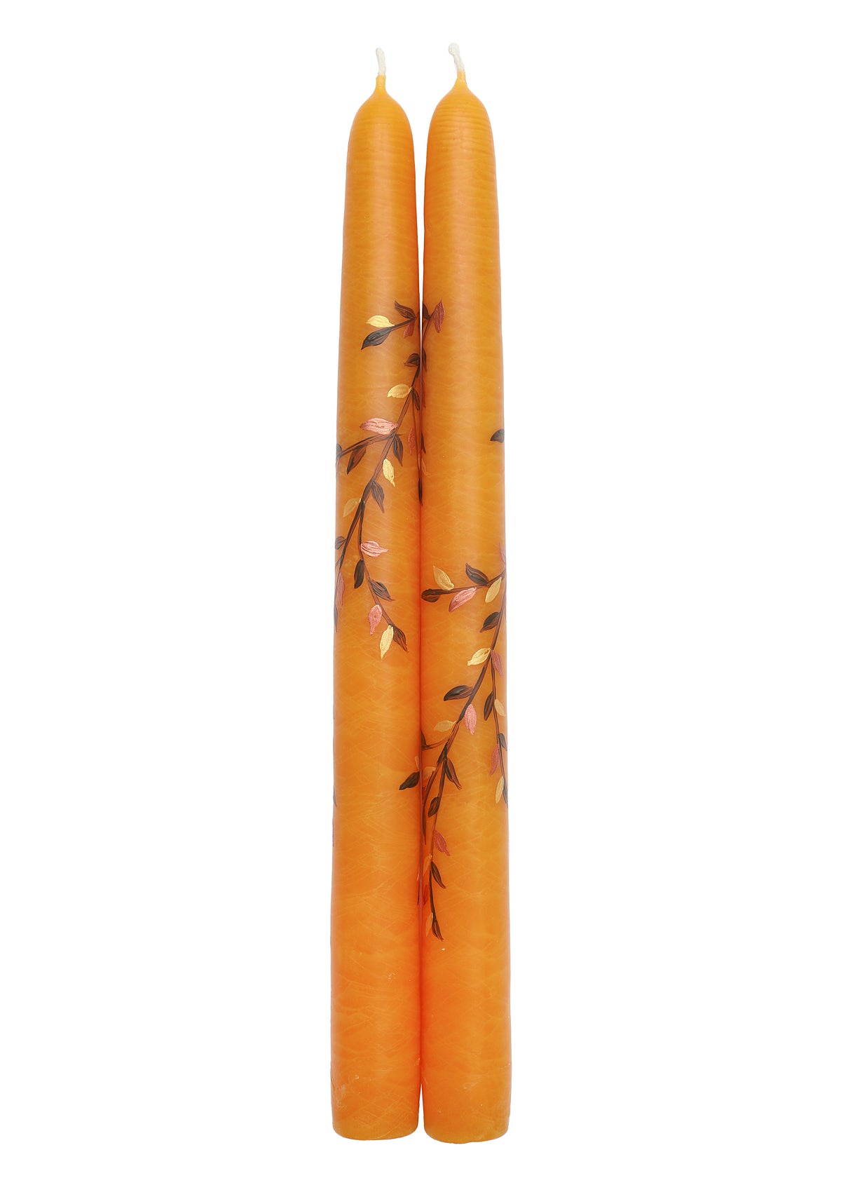 Orange Falling Branches Hand-Painted Taper Candles, Set of Two