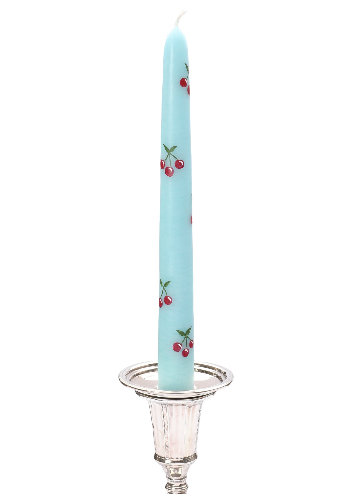 Teal Cherry Hand-Painted Taper Candles, Set of Two