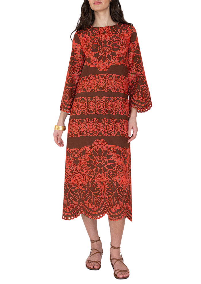 Seraphina Embroidery Midi Dress in Palm Brown