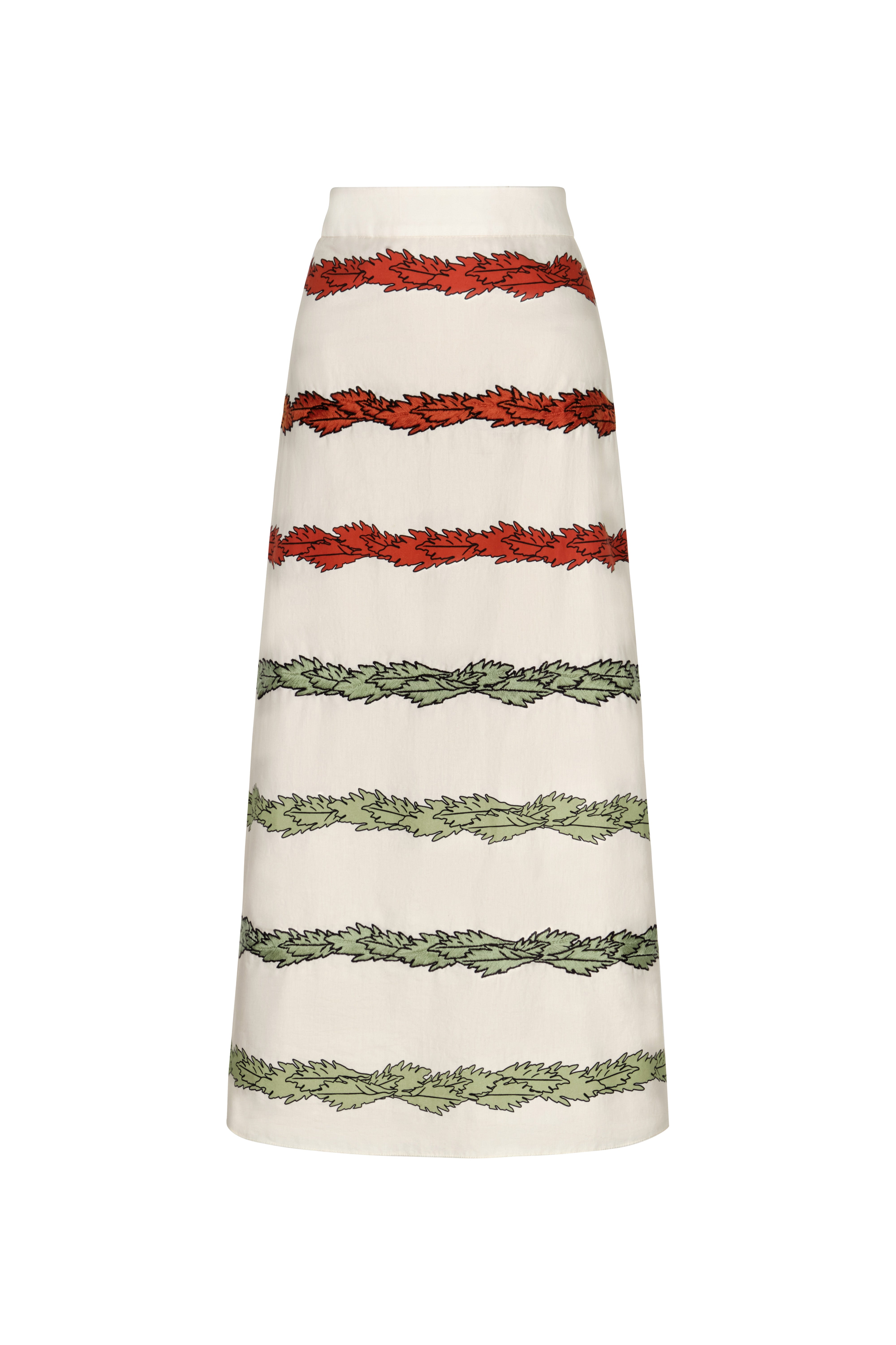 El Carmen Embroidered Cotton Midi Skirt in Ivory Striped Helechos