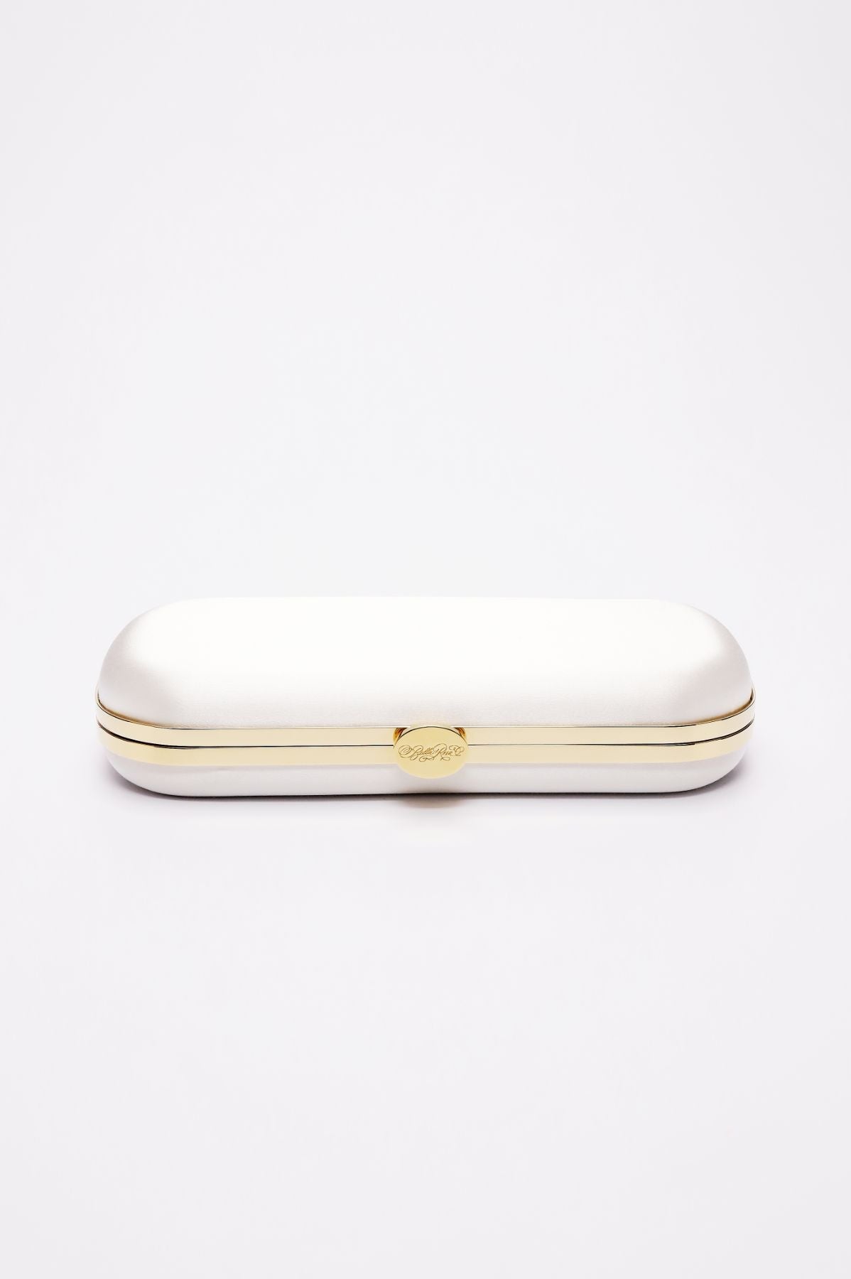 Top closed view of Bella Clutch in Ivory white satin with gold hardware frame.