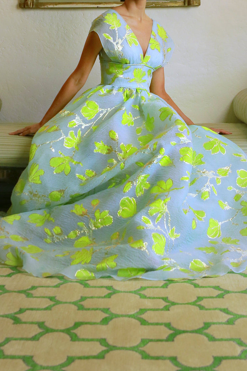 V Neck Full Skirt Waist Gown in Aqua, Gold, and Chartreuse