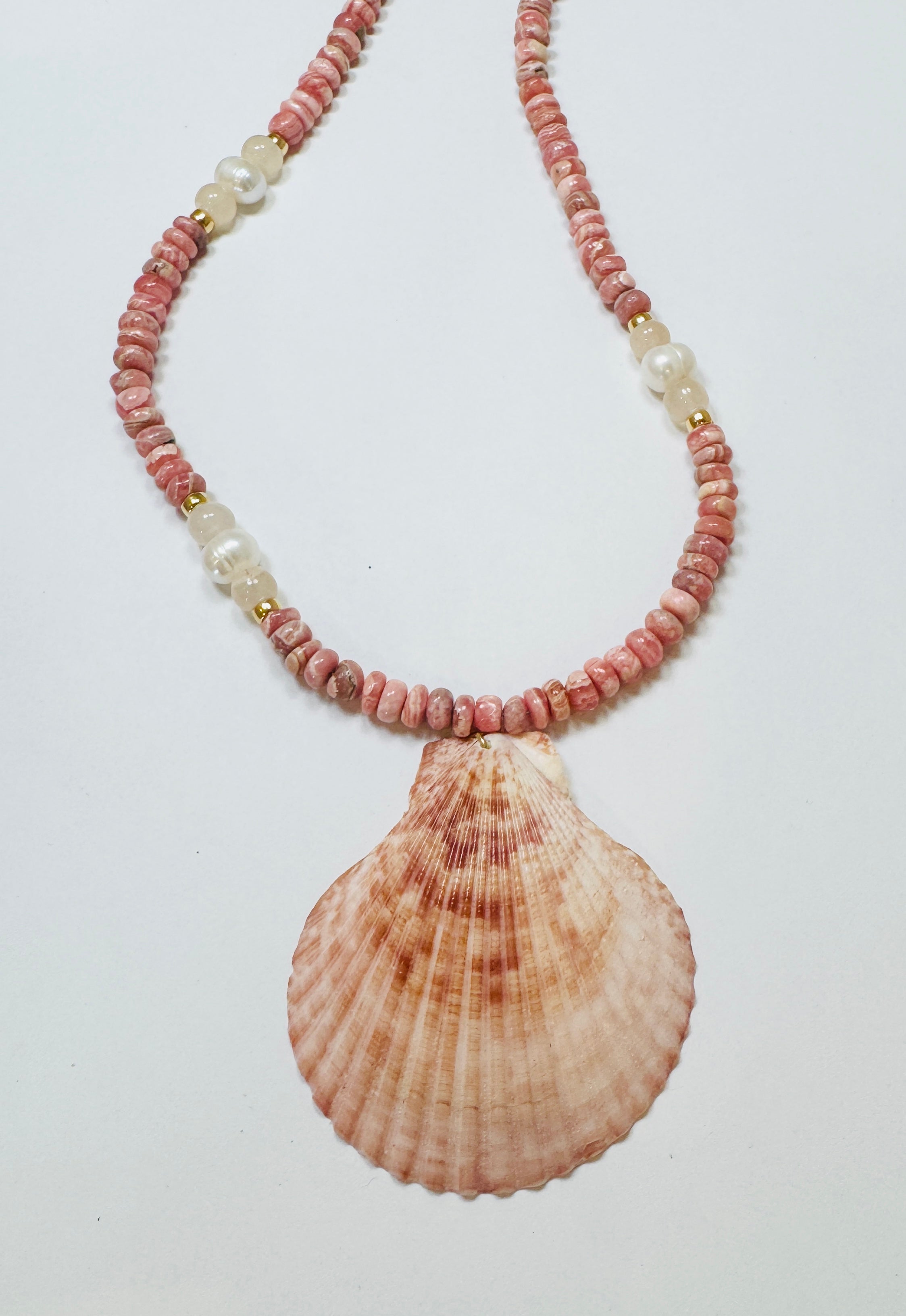 OTM Exclusive: Rhodochrosite, Pearl, And Moonstone Necklace With Cinnamon Brown Shell Pendant