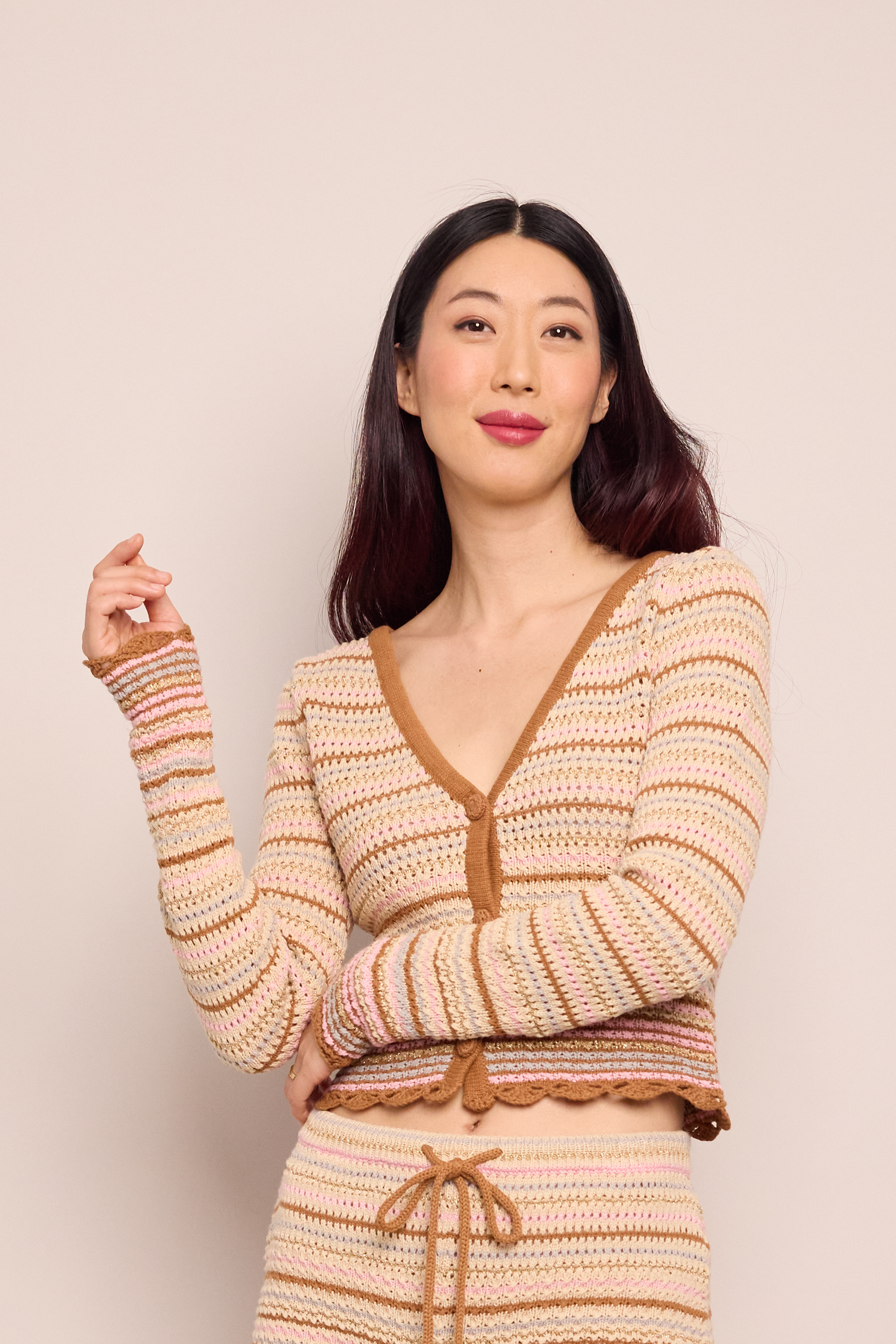 Lilana Cardigan in Clay Striped Lurex Crochet