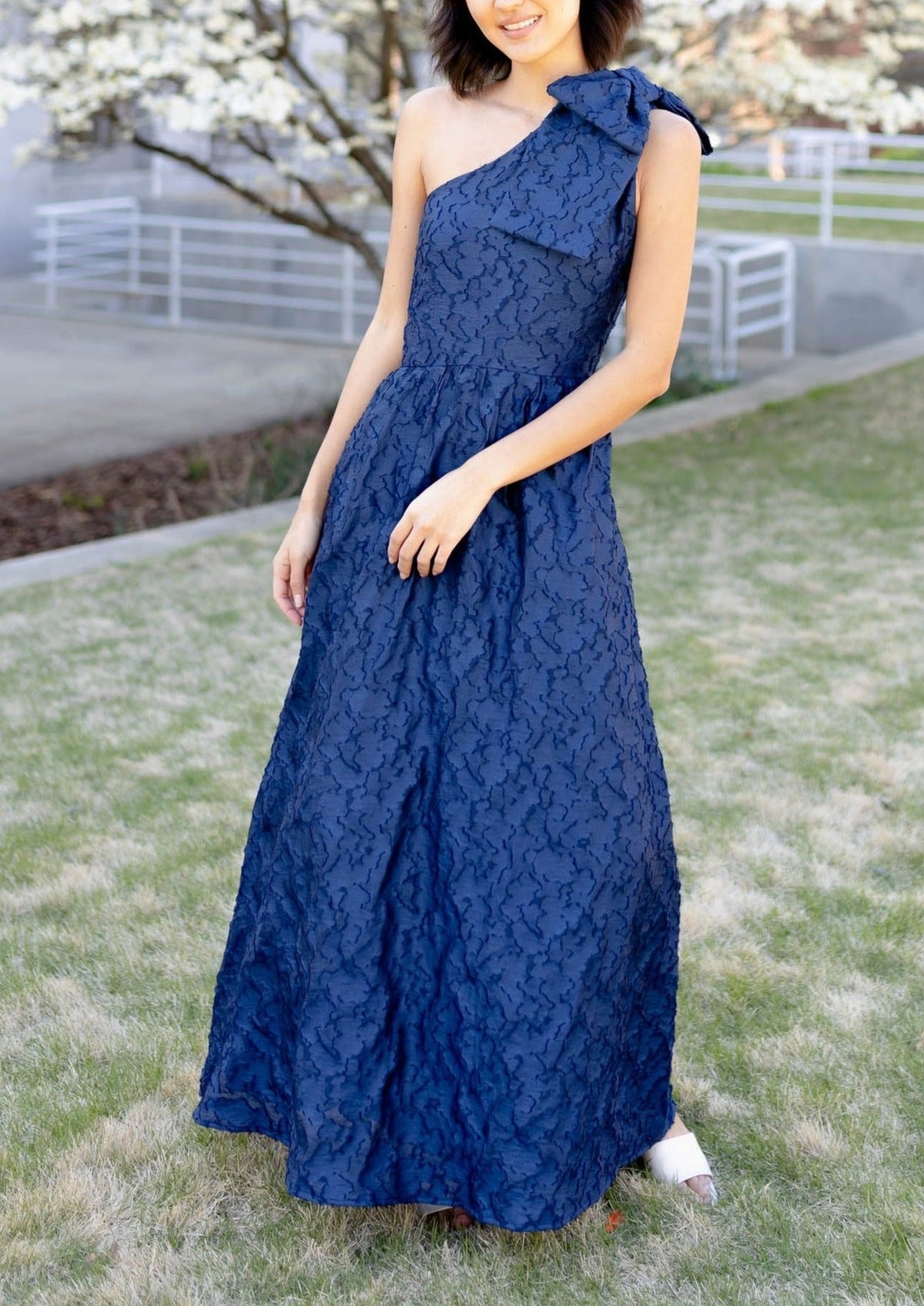 Caroline One-Shoulder Gown in Navy Organza