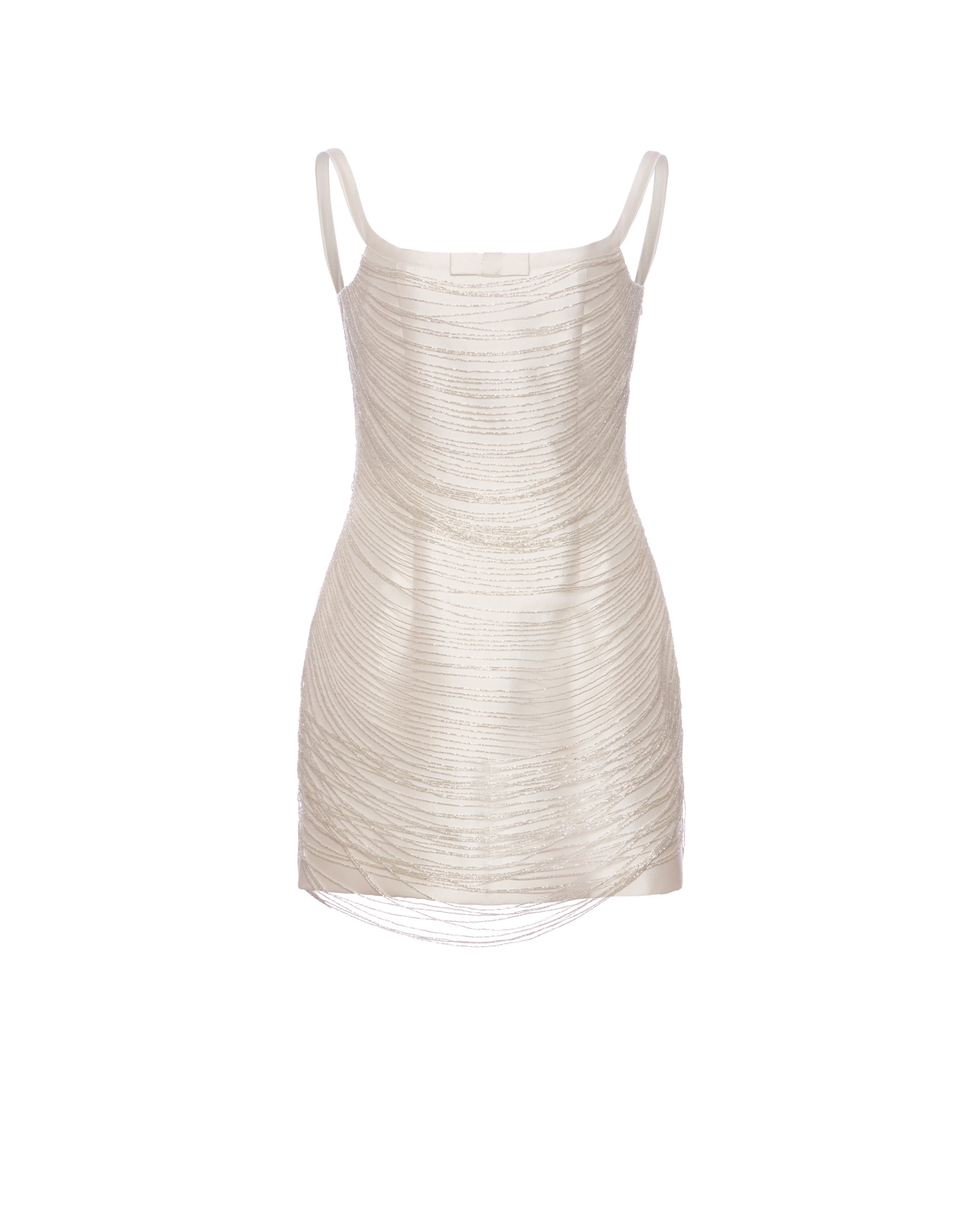 Cosette Dress in Ivory Silk Wool with Beaded Fringe