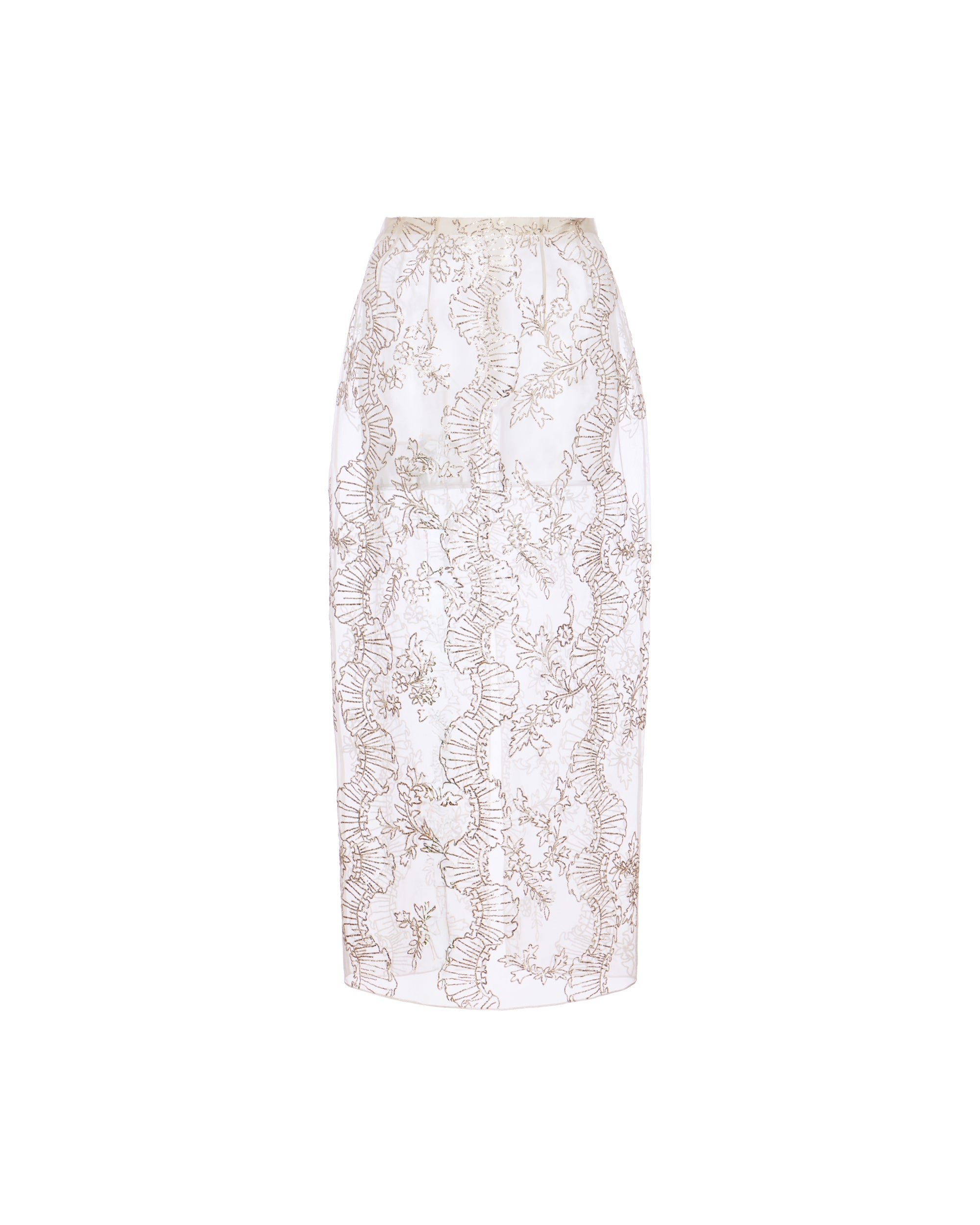 Effie Pencil Skirt in Ivory Organza with Ribbon Embroidery