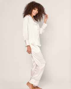 Women’s Silk Pajama Set White with Periwinkle Piping