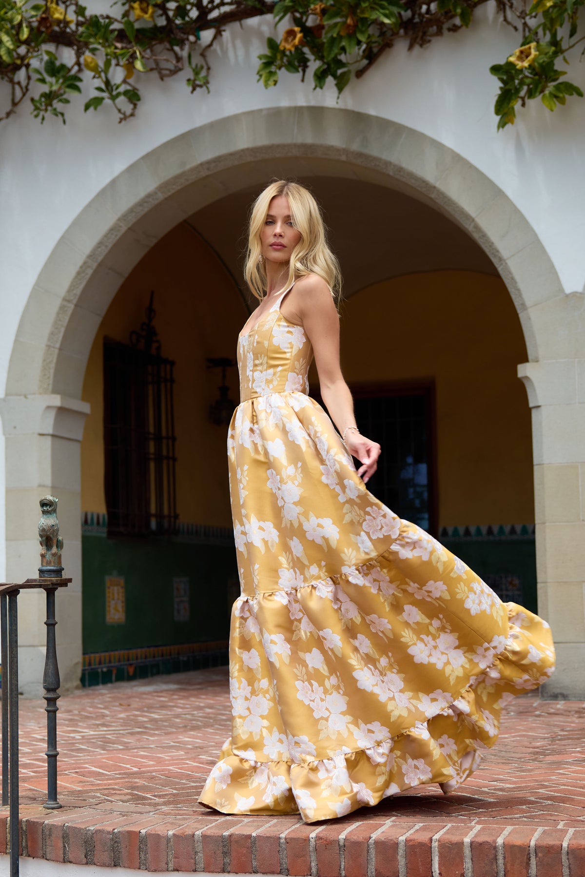 The Avery Dress in Gold Baroque Floral