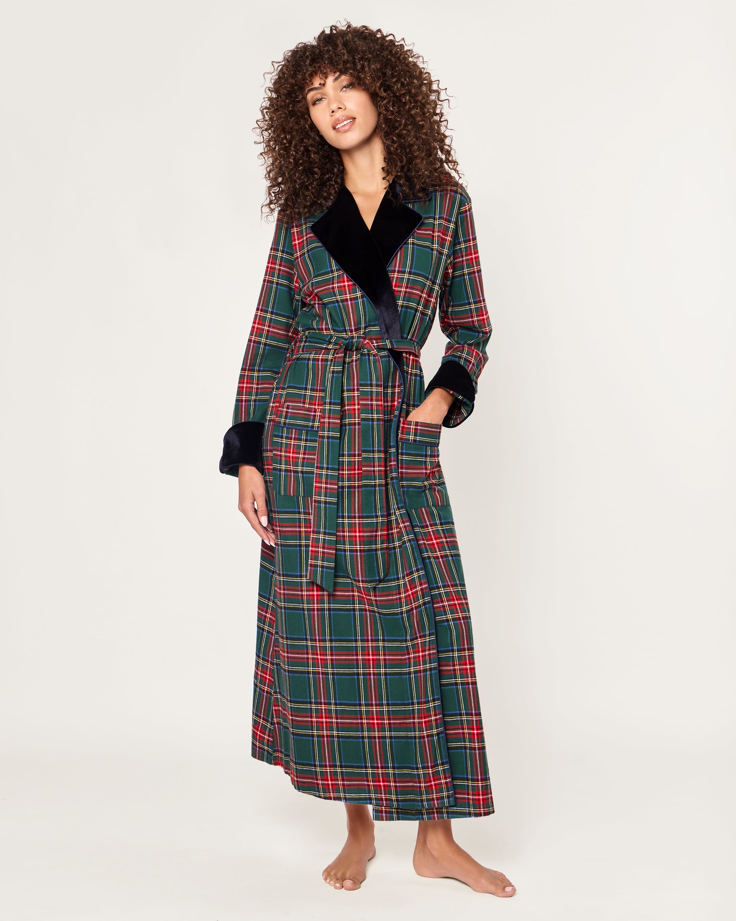 Women’s Brushed Twill Velvet Trim Robe in Kensington Tartan