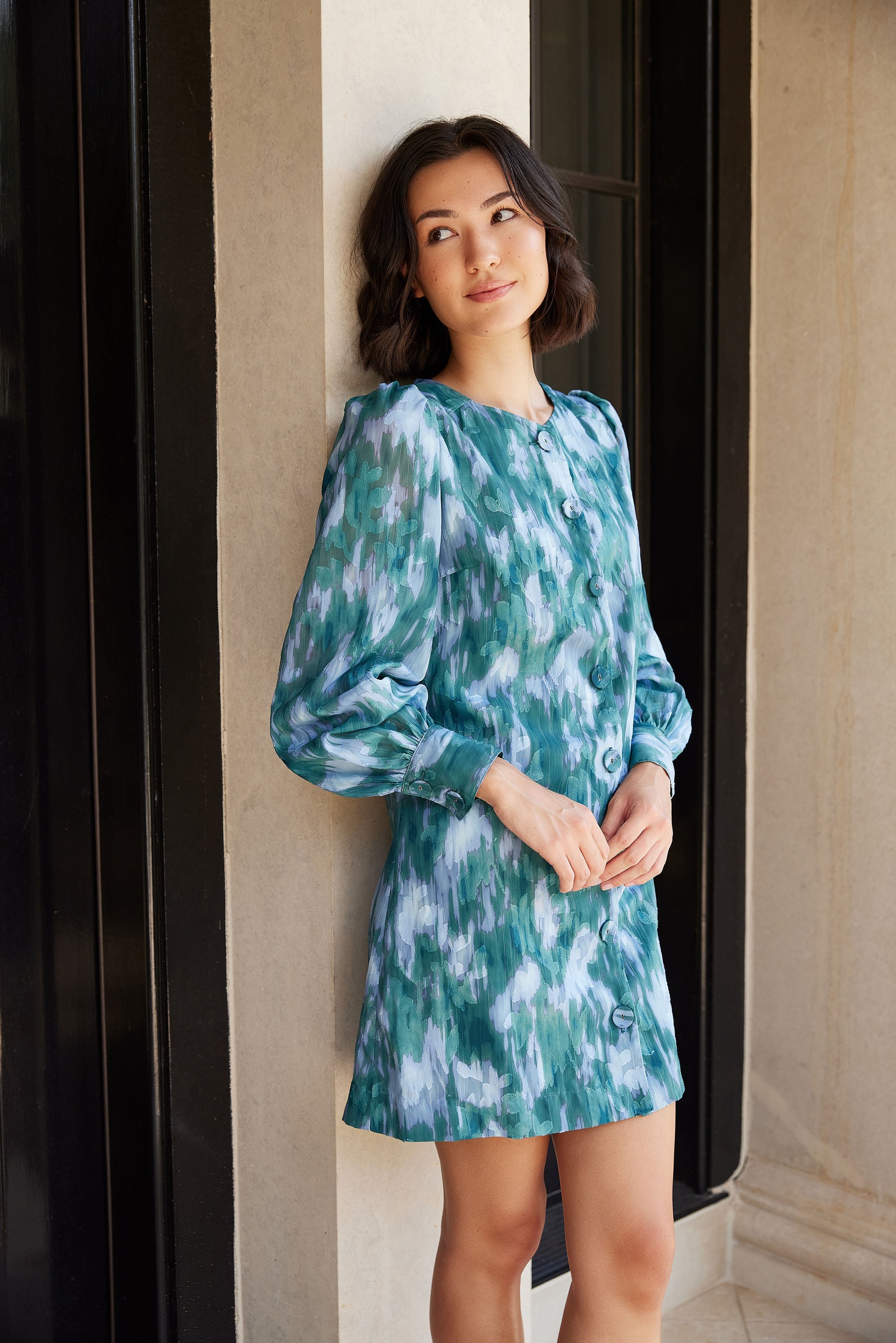 Ellen Dress Teal Ikat Chiffon