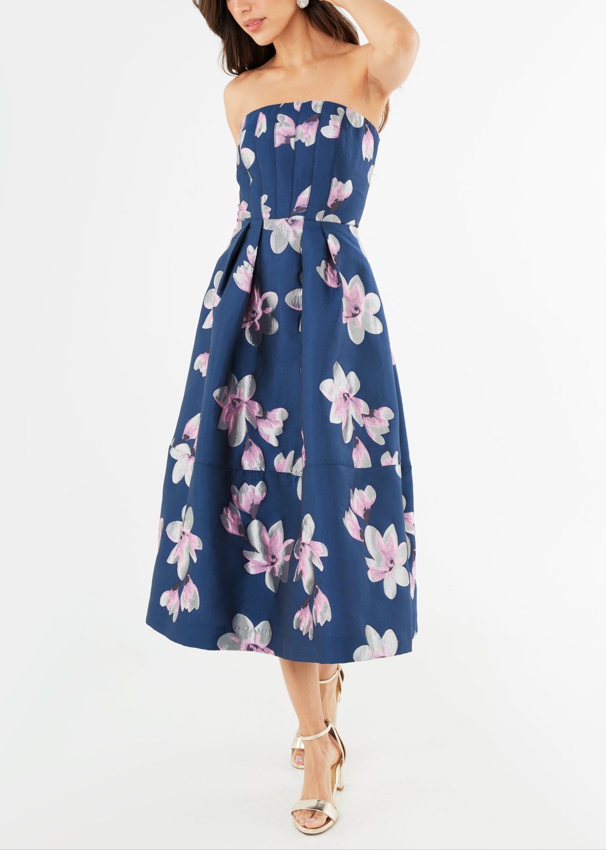 Catherine Dress Blue Plumeria Jacquard