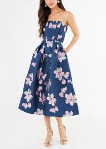 Catherine Dress Blue Plumeria Jacquard