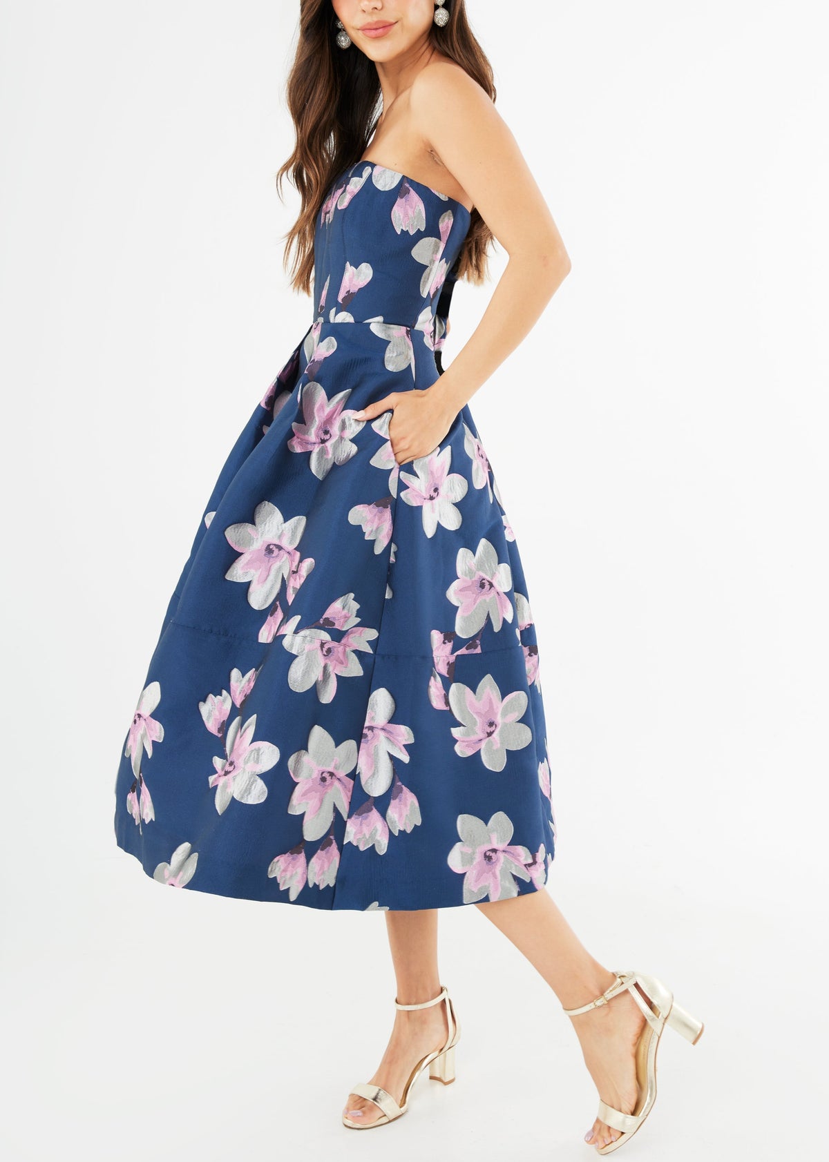 Catherine Dress Blue Plumeria Jacquard