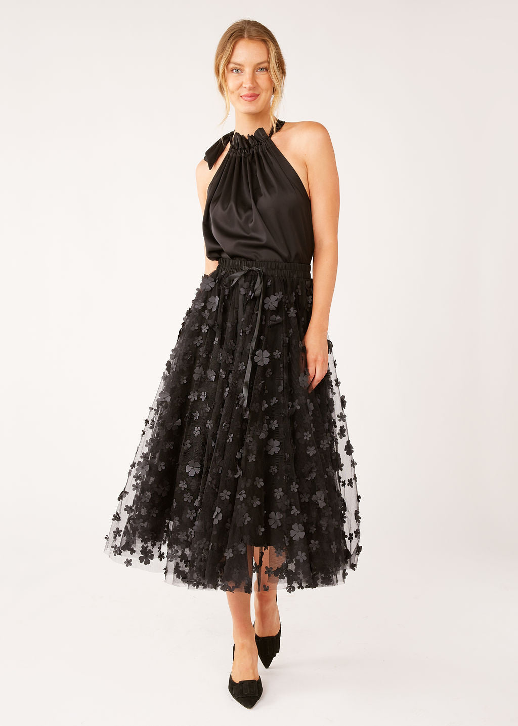 Sue Skirt Black Floral Applique Tulle