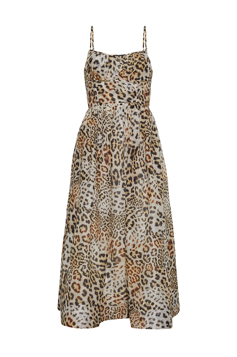 Alba Silk Linen Midi Dress in Cheetah Natural