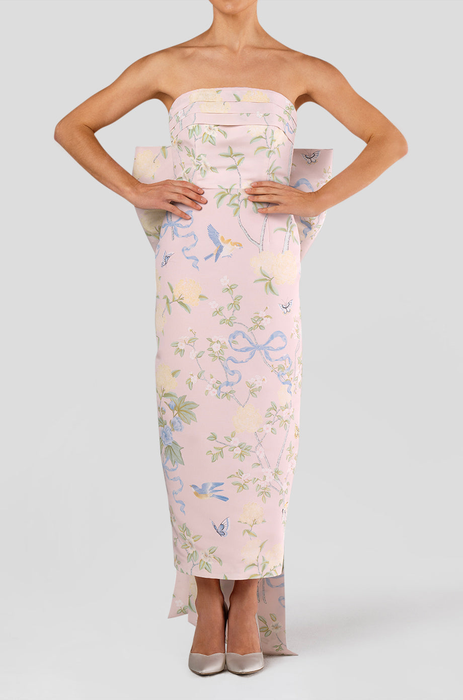 Margaret Beheld Butterfly Floral Silk Faille Midi Dress in Petal Blush