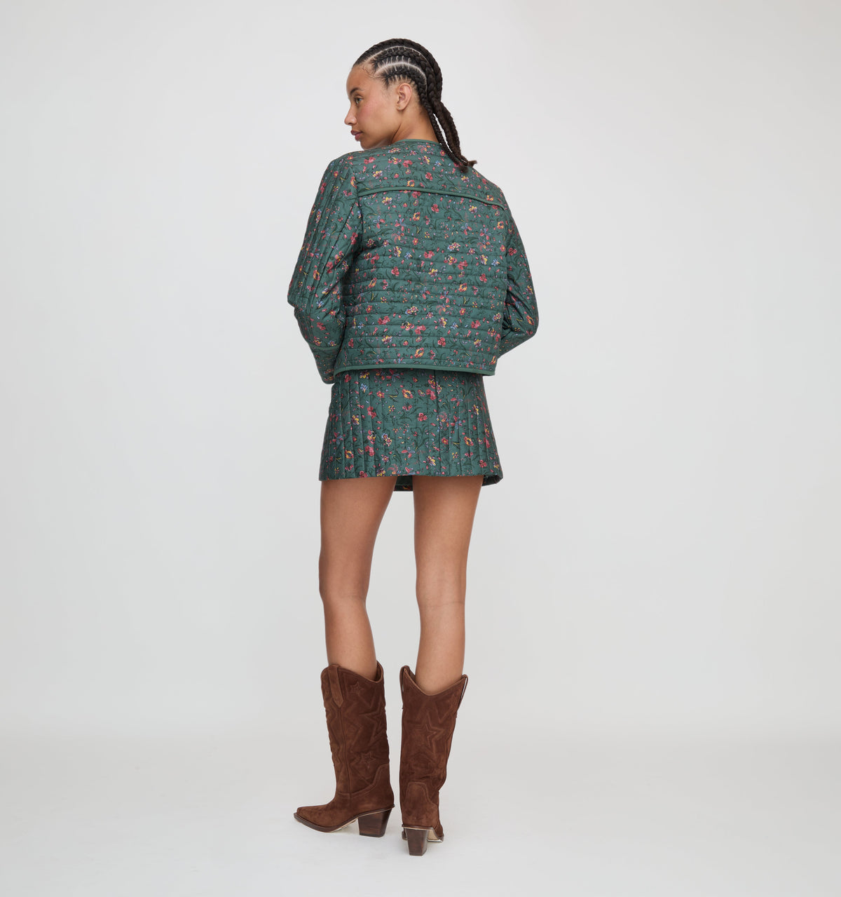 The Amari Quilted Jacket in Bottle Green Fleur Chintz