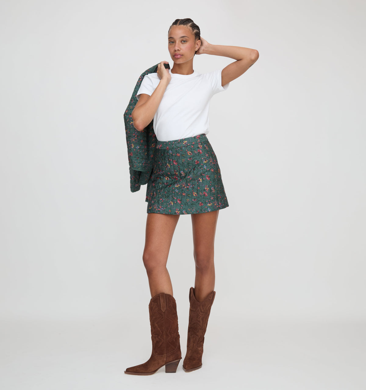 The Olivia Quilted Skirt in Bottle Green Fleur Chintz