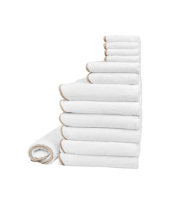 Rebecca Udall, Amelia Scalloped Wavy Bath Towel Large Family Bundle, White with Taupe Sand Trim