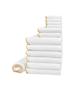 Rebecca Udall, Amelia Scalloped Wavy Bath Towel Large Family Bundle, White with Mustard Yellow Trim