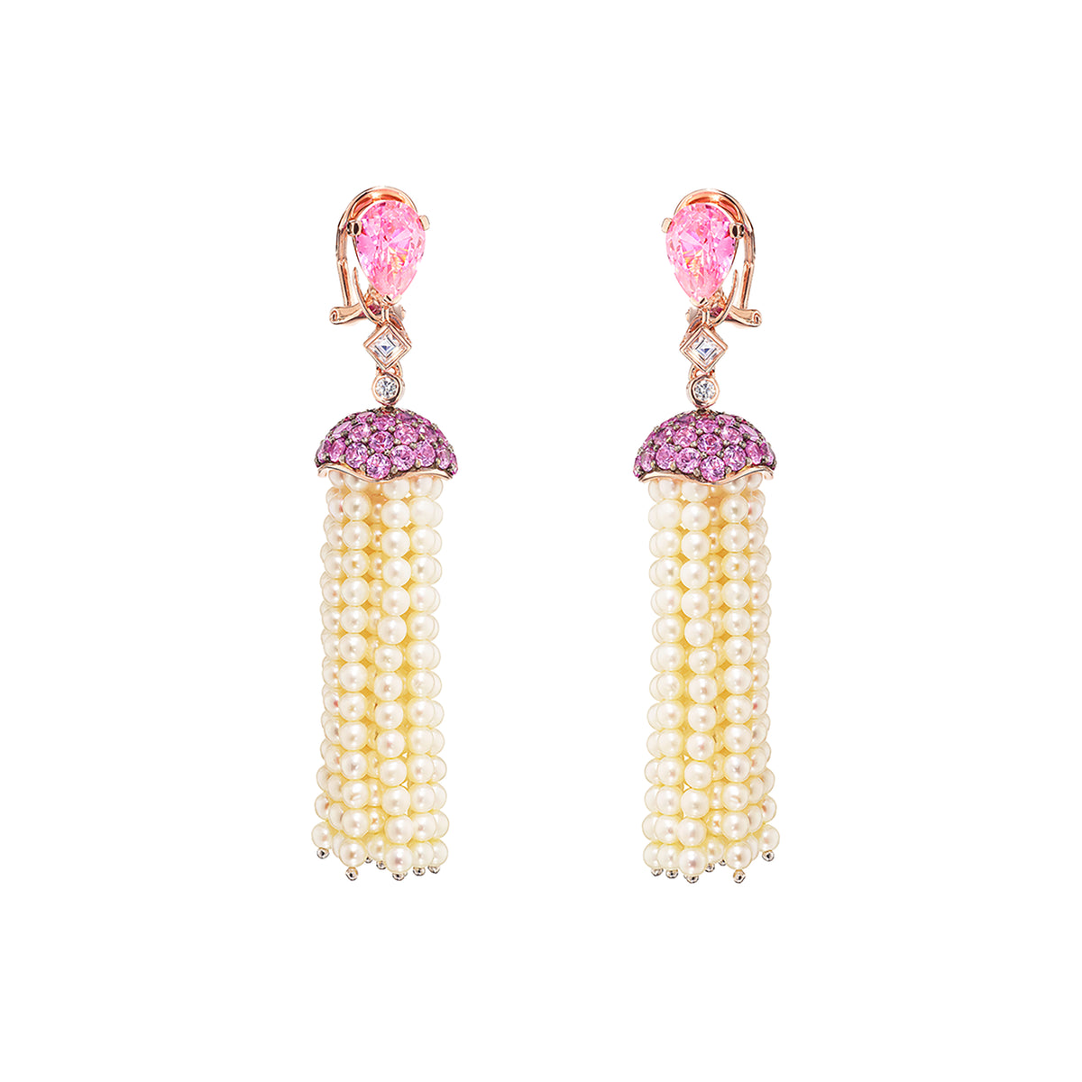 Rose Sapphire Pearl Tassel Earrings