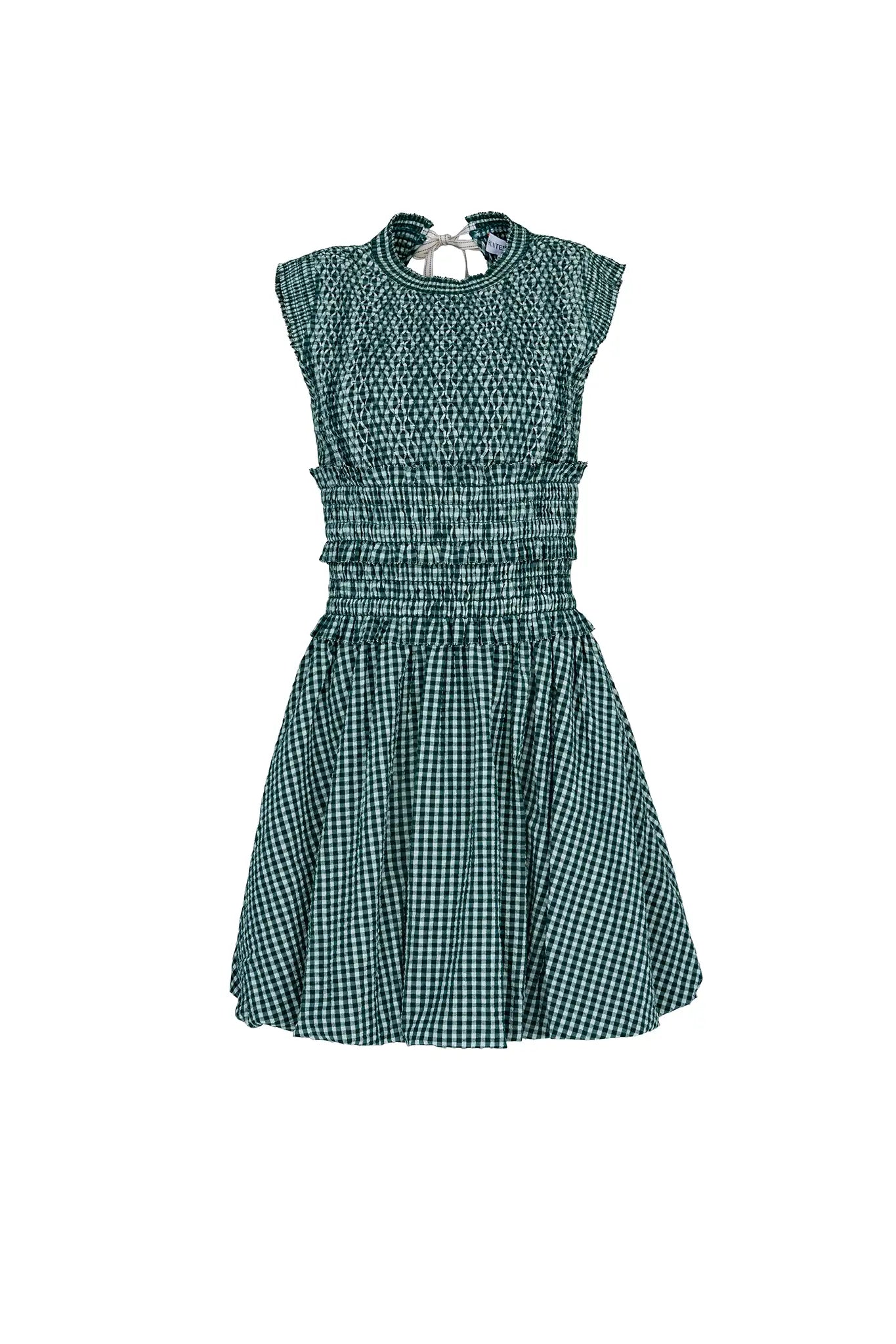 The Anita Dress has a diamond-smocked bodice, flutter cap sleeves, a back tie and a bubble skirt.