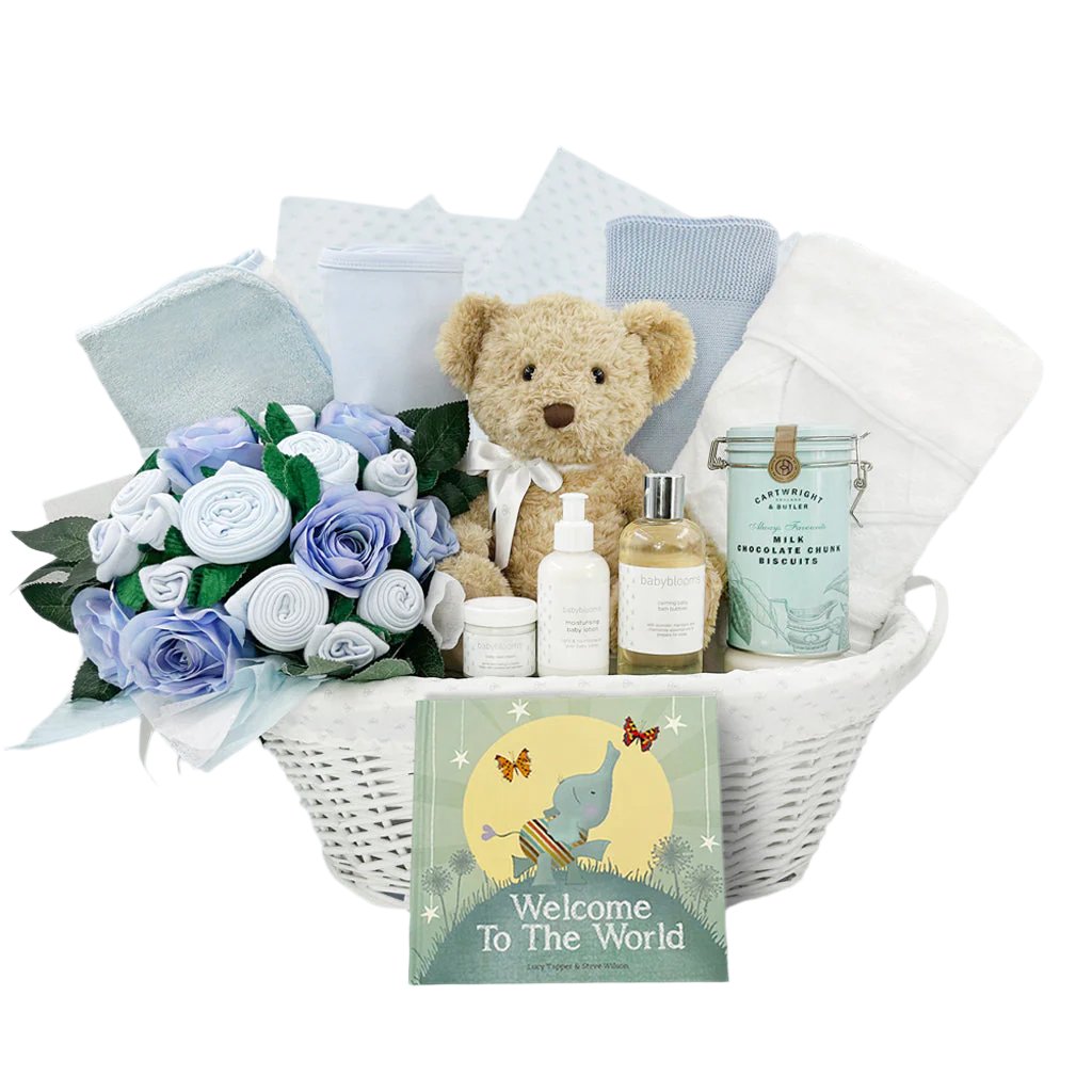 Luxury New Baby Boy Gift Welcome To The World Hamper Blue