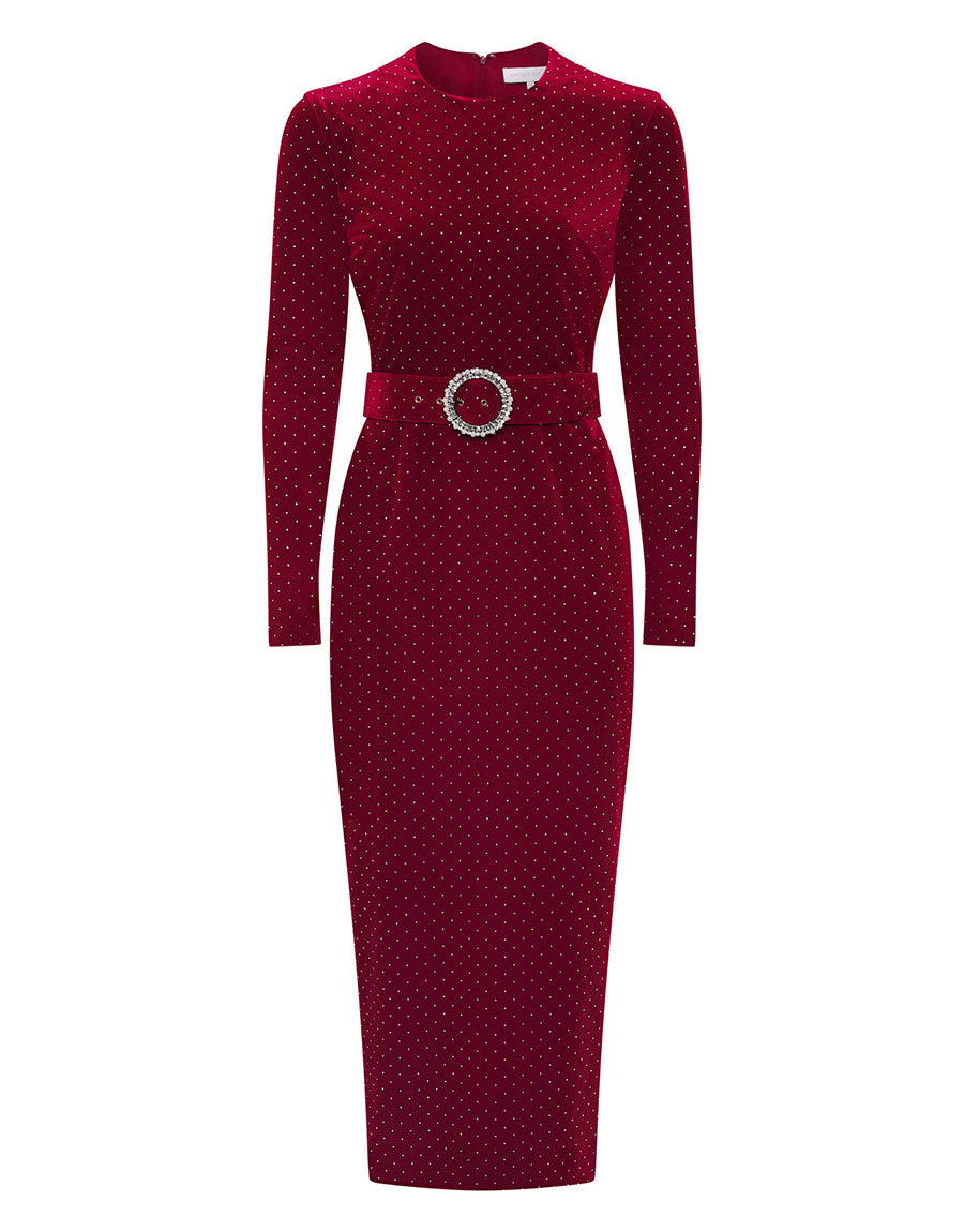 Kiara Velvet Midi Dress in Crystal Burgundy