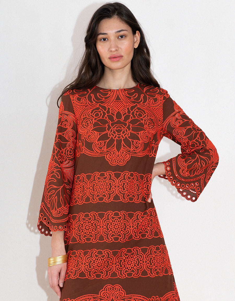 Seraphina Embroidery Midi Dress in Palm Brown