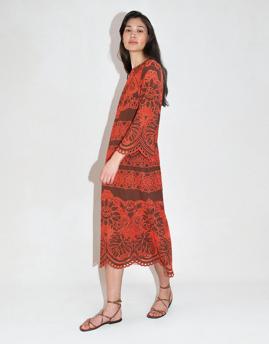 Seraphina Embroidery Midi Dress in Palm Brown