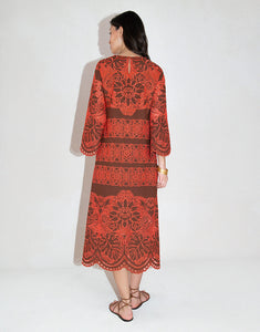 Seraphina Embroidery Midi Dress in Palm Brown